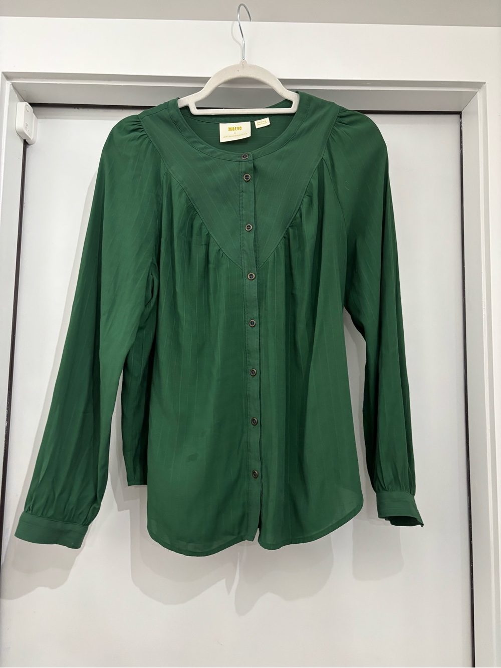 Anthropologie Maeve Green Pintuck Button Blouse Medium